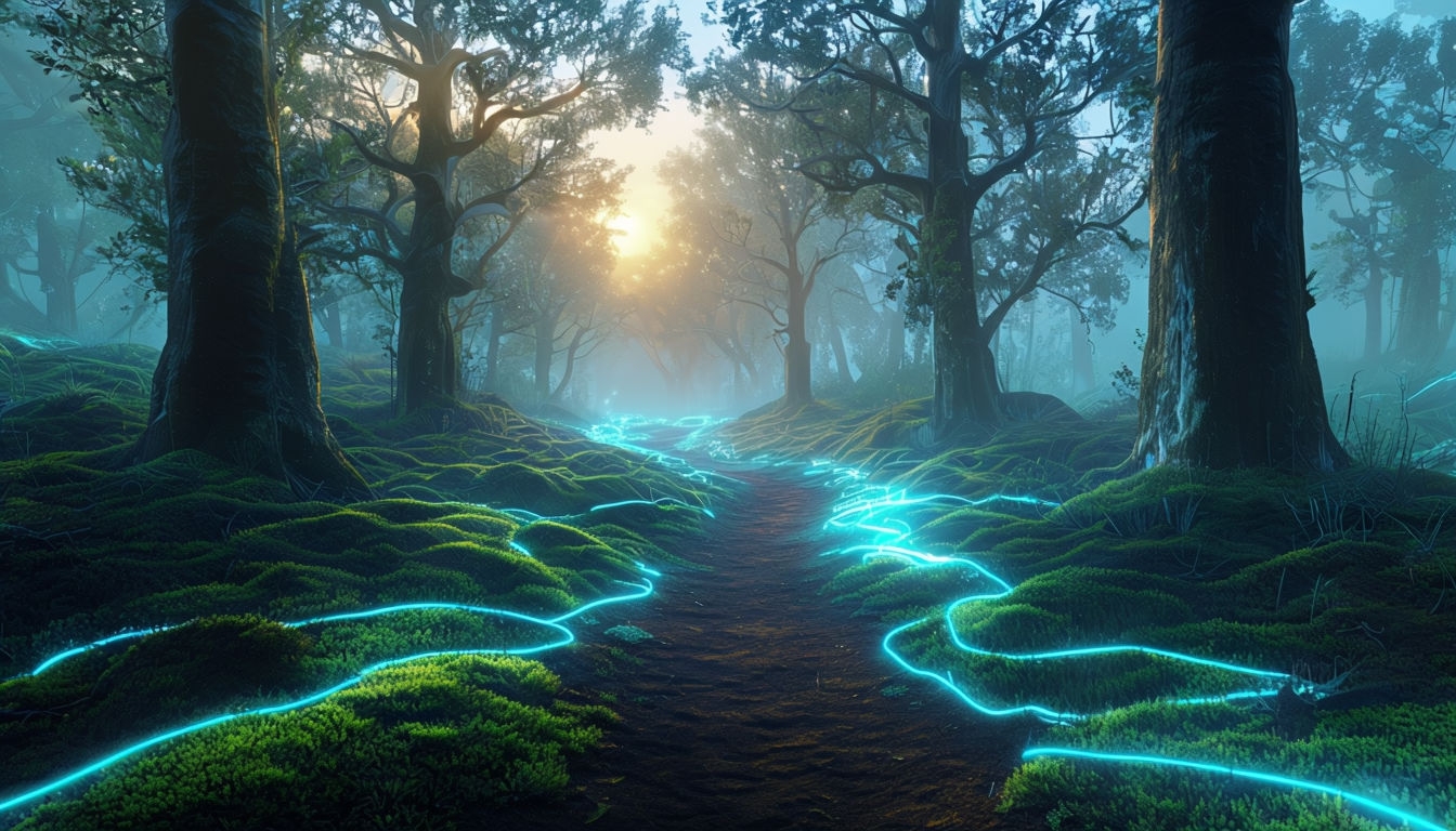 Mystical Forest Pathway with Glowing Trails Background