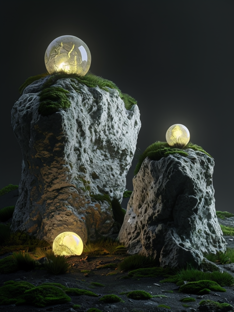 Mystical Rocky Outcrops with Glowing Orbs Scene