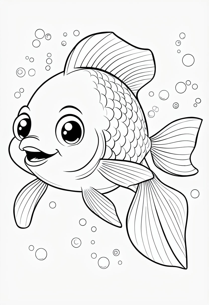 Cheerful Cartoon Fish Coloring Page with Bubbles and Fins