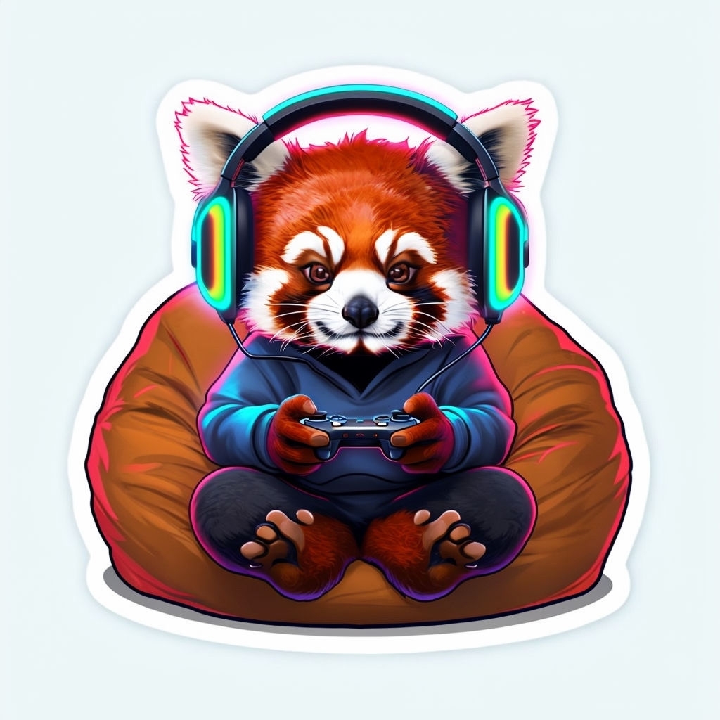 Determined Red Panda Gaming Sticker with Neon Headphones