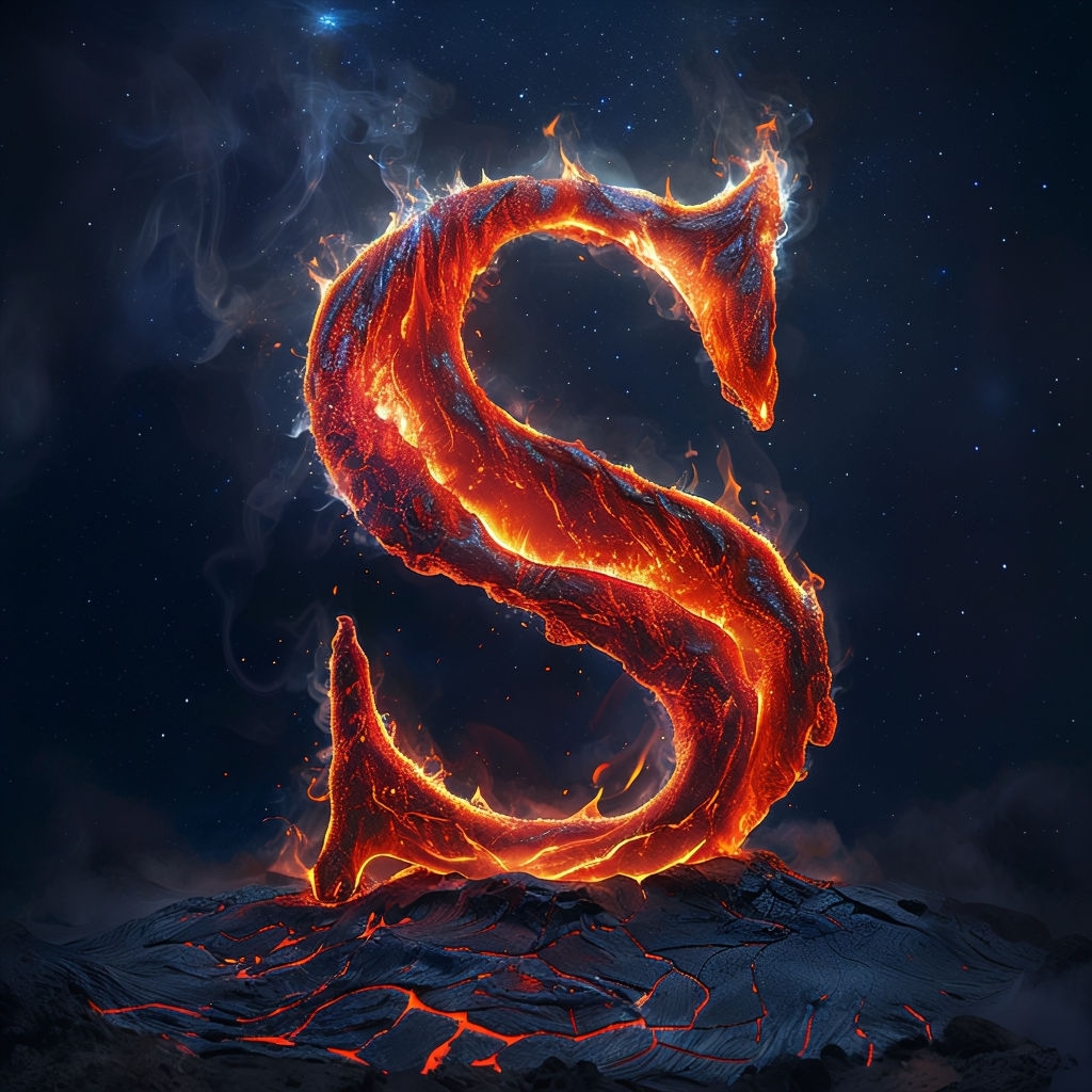 Vibrant Molten Lava Letter S Against Starry Night Sky Illustration Monogram