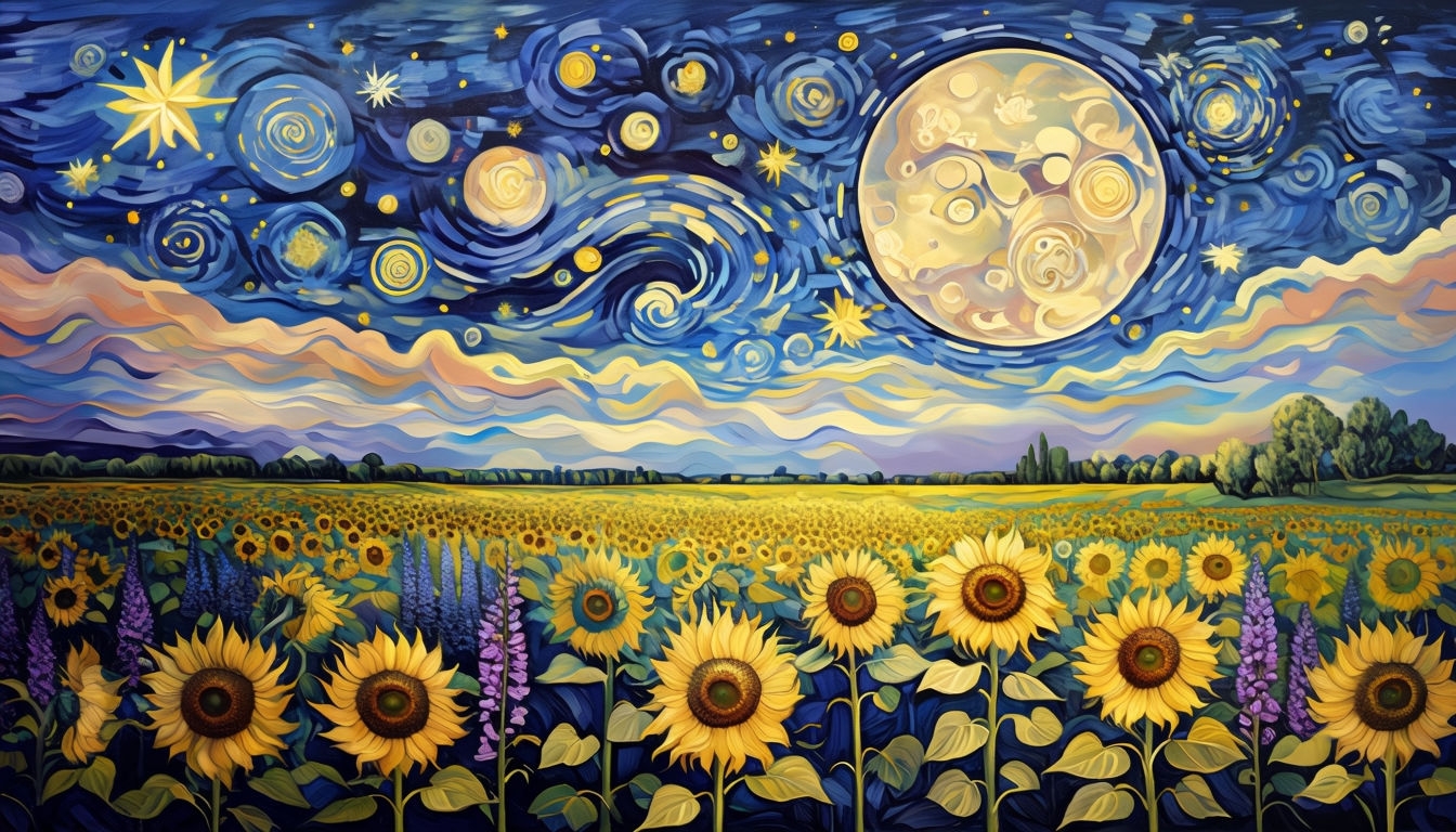 Whimsical Sunflower Field and Starry Sky Impressionist Background Virtual Backgrounds