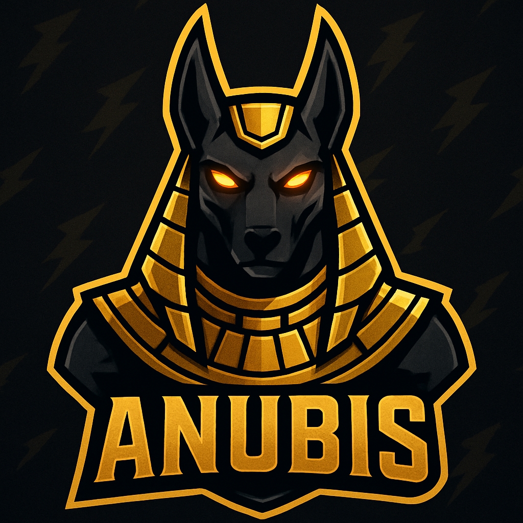 Fierce Anubis Mascot Logo with Golden Armor and Glowing Eyes Logo