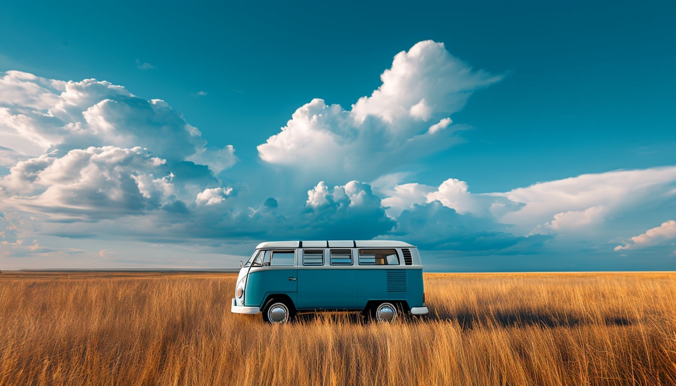 Vintage Volkswagen Bus in a Golden Field Virtual Background