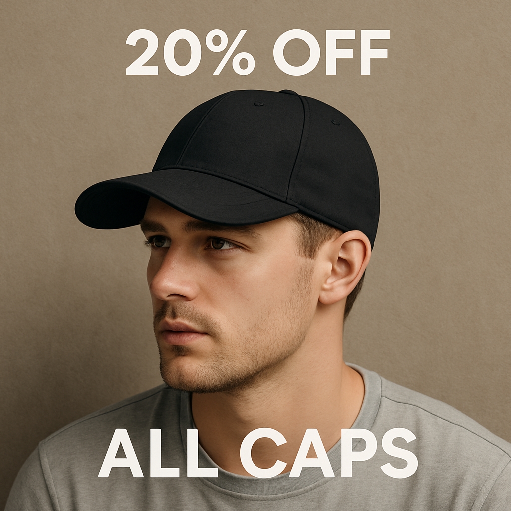 Minimalist Promotional Ad for Caps Featuring Young Man Portrait Ads