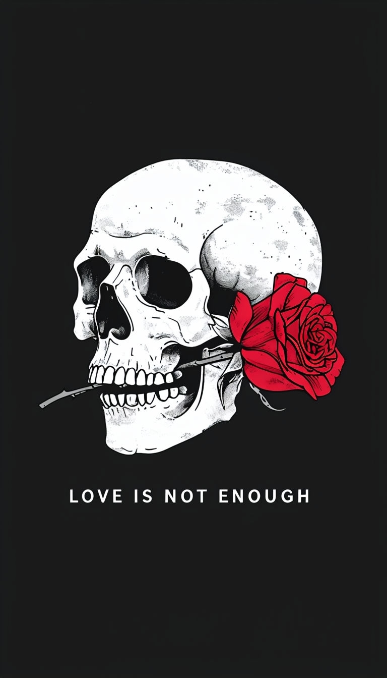 Minimalist Skull with Red Rose and Grunge Love Quote Mobile Wallpaper