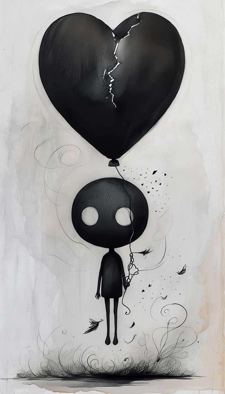 Whimsical Black Ink Floating Figure with Heart Balloon Art