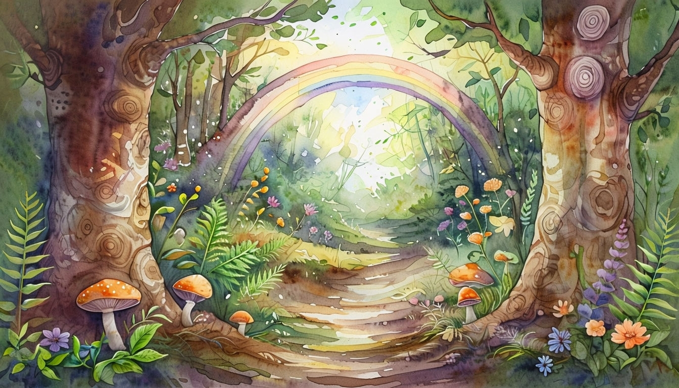 Enchanted Watercolor Forest Path with Rainbow Art