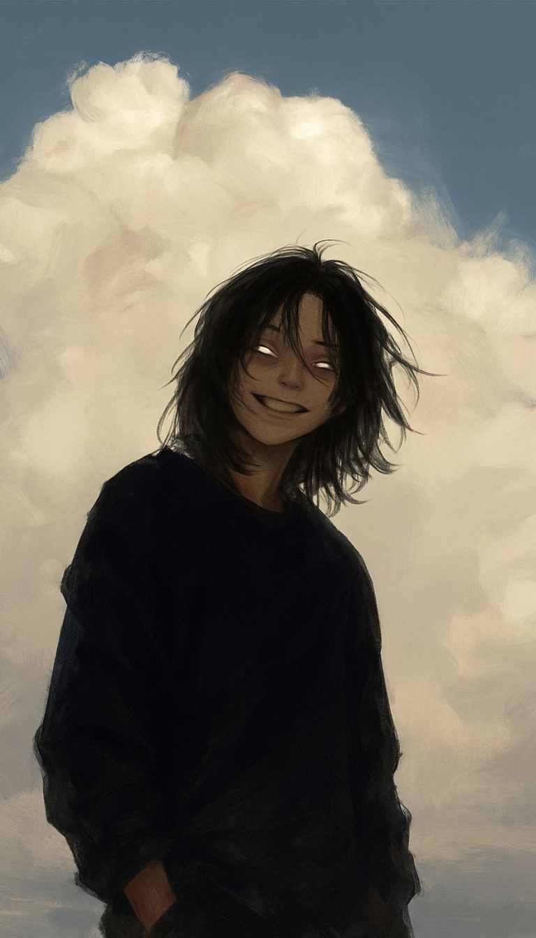 Eerie Anime Character with Sinister Grin and Fluffy Cloud Mobile Wallpaper