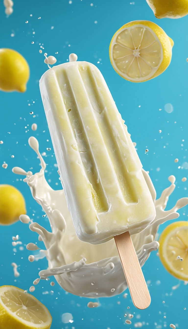Vibrant Lemon Ice Cream Popsicle with Milk Splash Advertisement