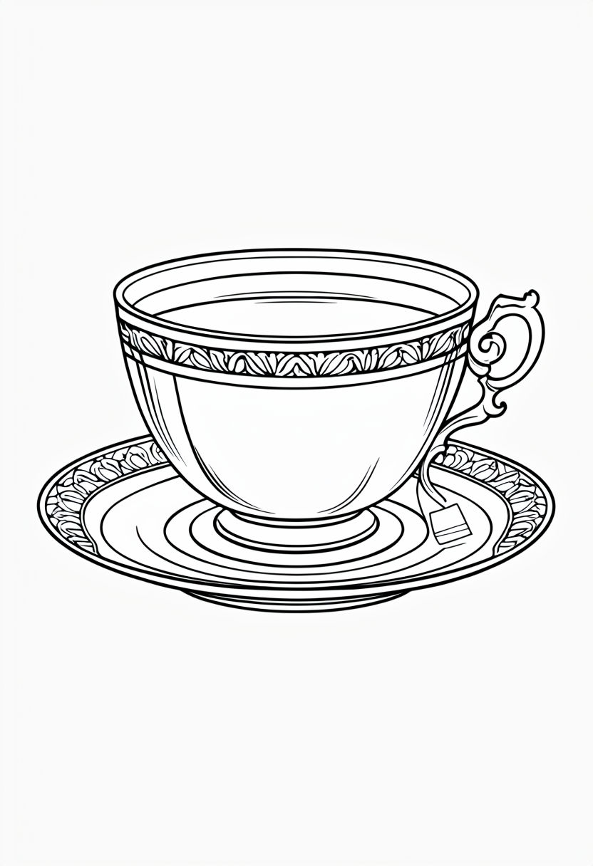 Elegant Black and White Teacup and Saucer Line Drawing Coloring Book Pages