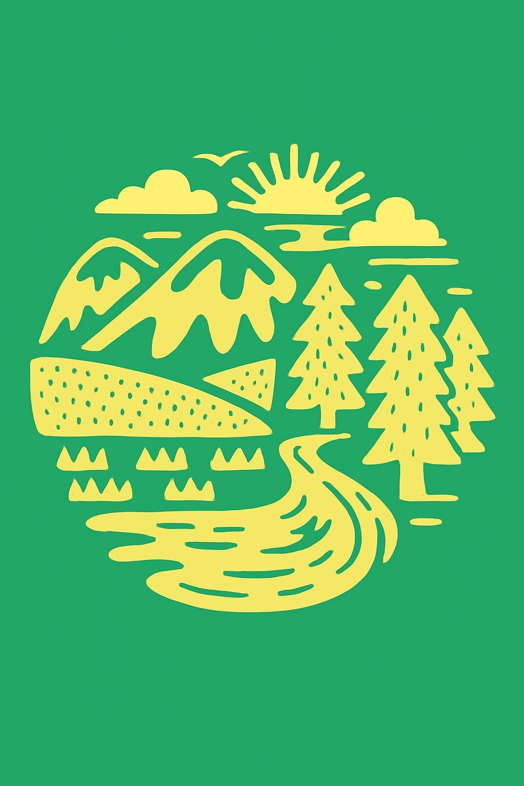 Minimalist River Landscape Illustration on Forest Green T-Shirt