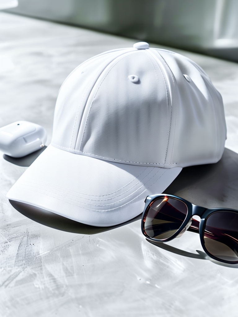 Stylish White Baseball Cap Photographic Mockup on Minimalist Background Mockup