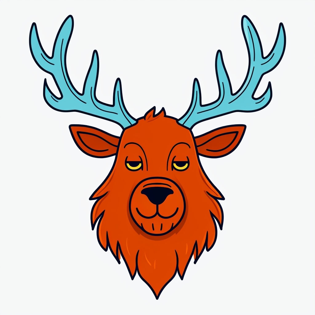 Vibrant Cartoon Elk Head Illustration with Blue Antlers Sticker