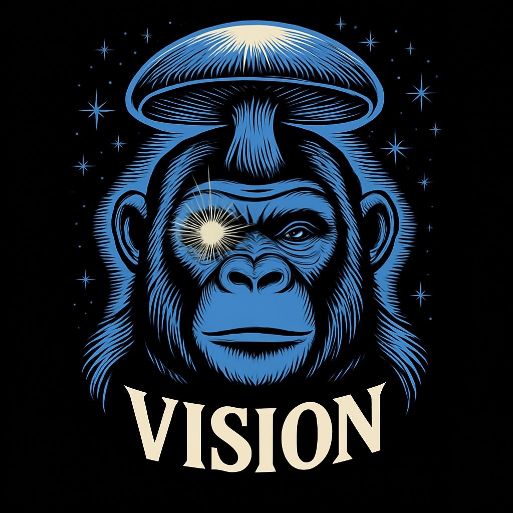 Surreal Chimpanzee Face with Mushroom and Stars T-Shirt