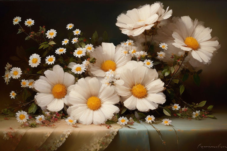 Prompt: 
</p>
<p>brushstrokes with soft impasto, soft canvas texture
</p>
<p>bold brushstrokes,
</p>
<p>branch  of big roses  and daisies,  lying on the ground,  hyperrealistic,
</p>
<p>cinematic light, projected side light, vintage style
</p>
<p>By konstantin romanov, Jean Baptiste Monge., katherine klein