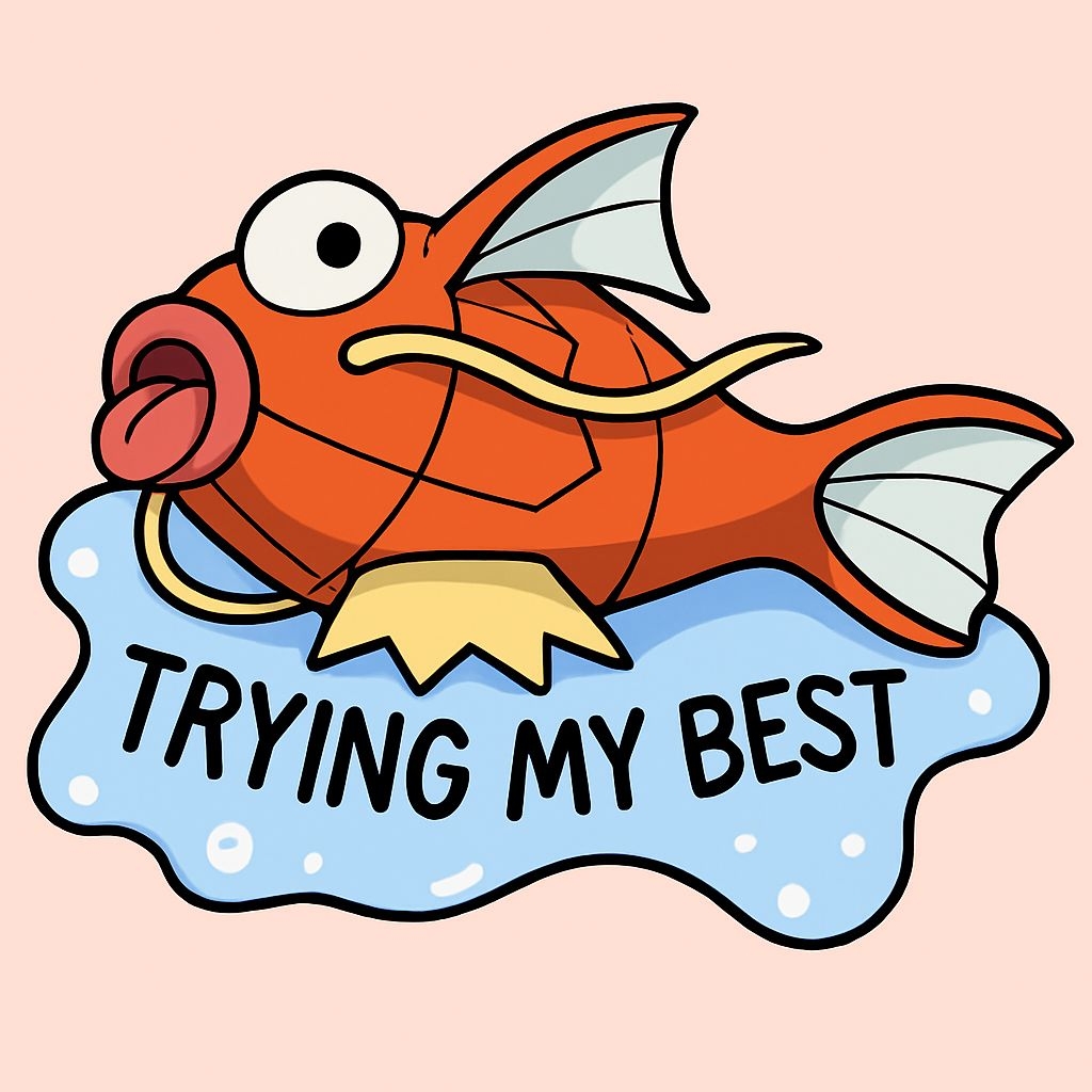 Playful Magikarp Cartoon with 'Trying My Best' Text Sticker