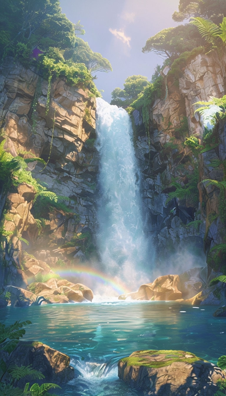 Majestic 3D Waterfall Animation Surrounded by Lush Greenery Art