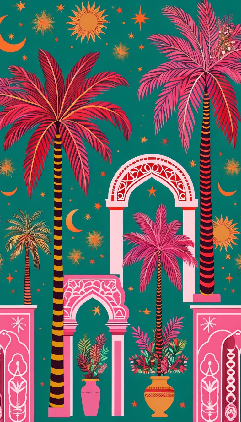 Vibrant Whimsical Palm Trees and Celestial Art Print Cover