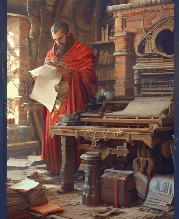 Matte painting depicting man clad in ancient Russian red gar... by ...