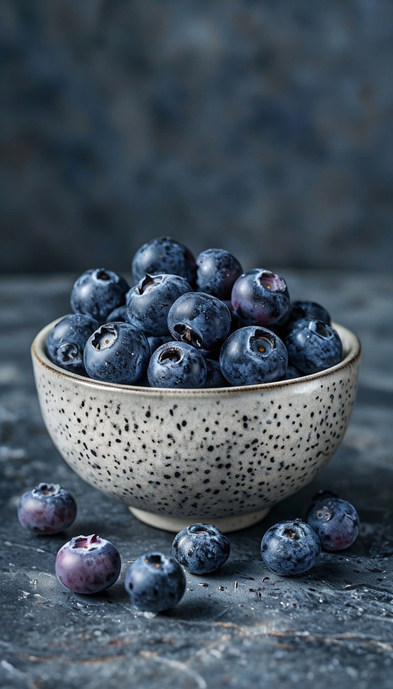 Serene Still Life of Ripe Blueberries in Speckled Ceramic Bowl Mobile Wallpaper