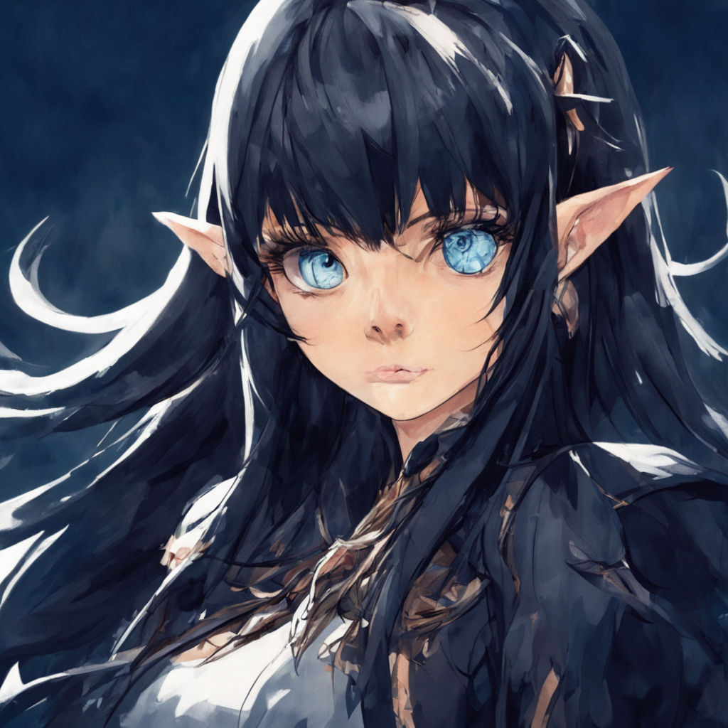 Elf girl with dark skin and glowing eyes looking at you