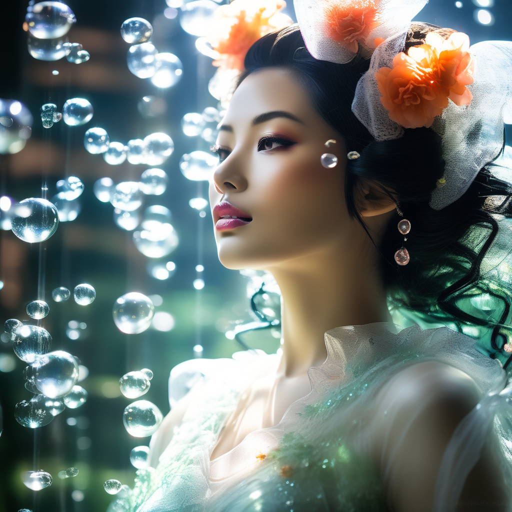 Beautiful geisha moss forest queen underwater with bubbles d... by ...