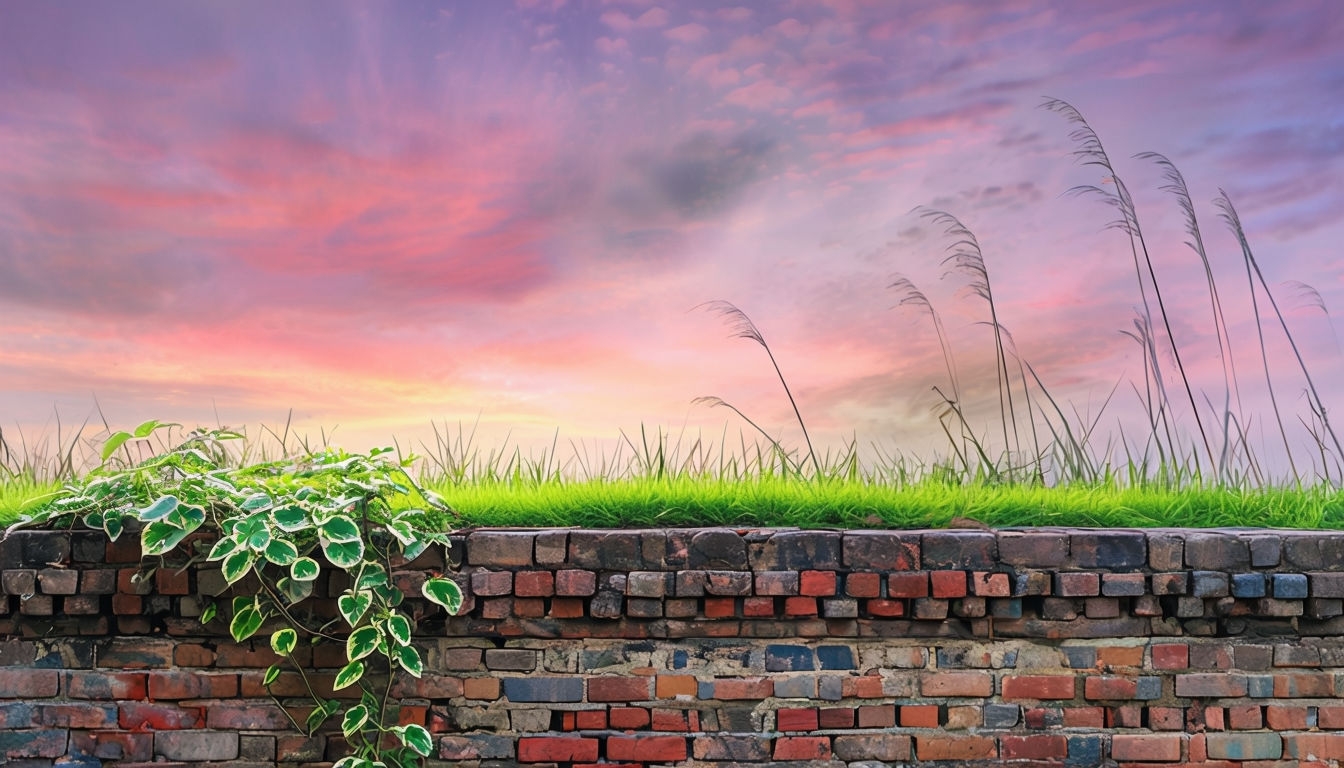 Tranquil Natural Scene with Rustic Brick Wall Virtual Background