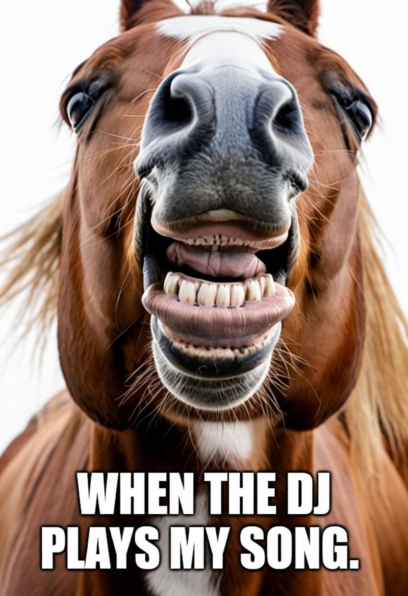 Funny Horse Grinning with Music Caption Meme