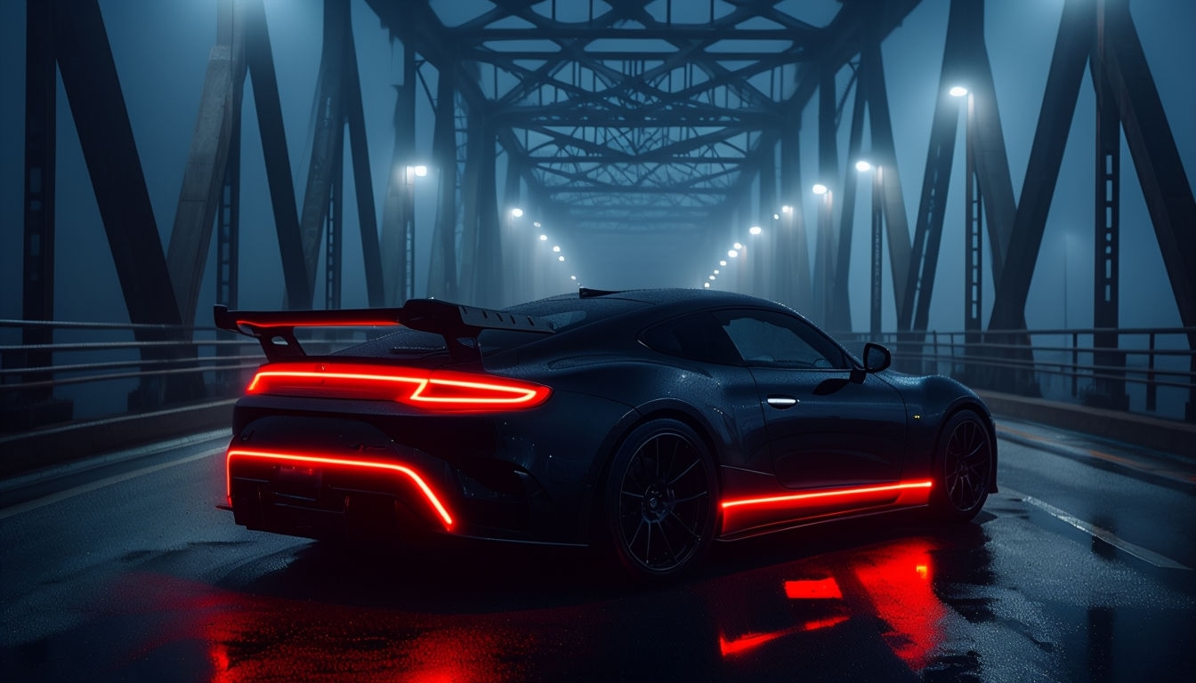 Sleek Dark Sports Car on Wet Bridge at Night Virtual Background