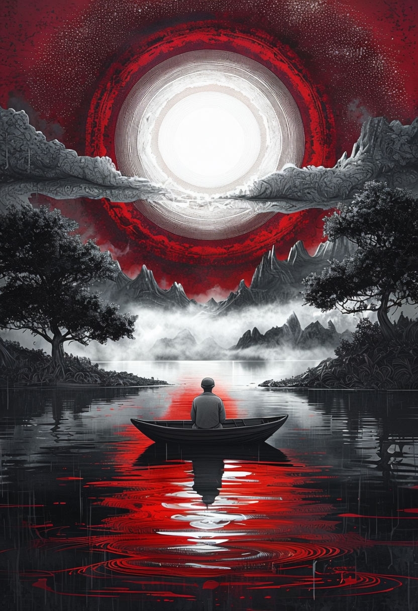 Ethereal Surreal Landscape with Boat and Celestial Sun Art