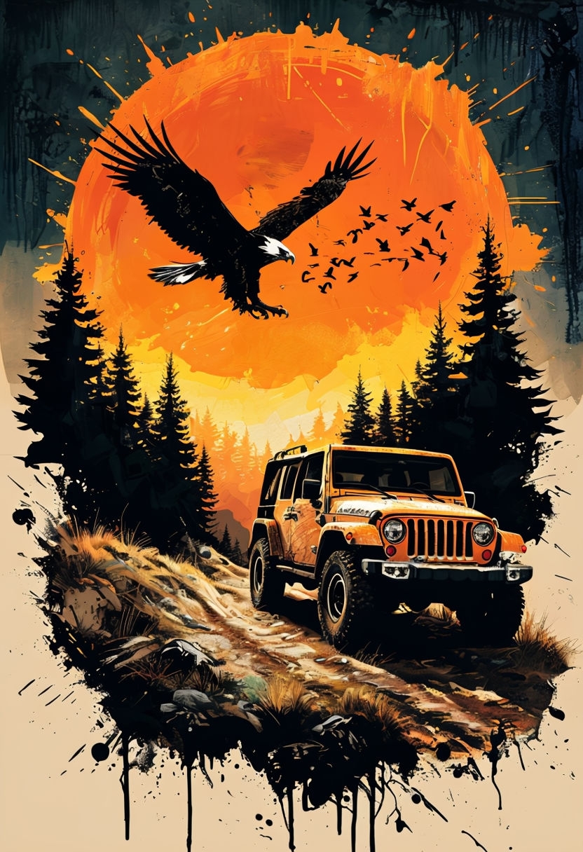 Vivid Adventure Scene with Eagle and Jeep in Warm Sunset Colors Art ...