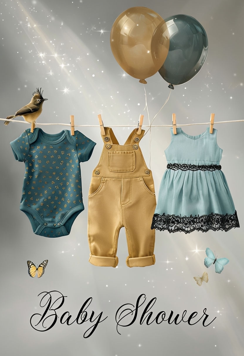 Whimsical Baby Shower Invitation with Clothesline and Butterflies Card