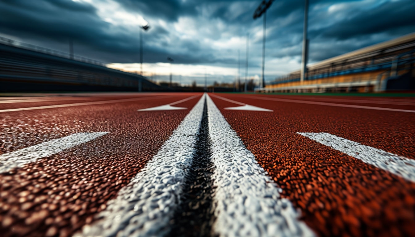 Dynamic Red Running Track with Dramatic Sky Virtual Background