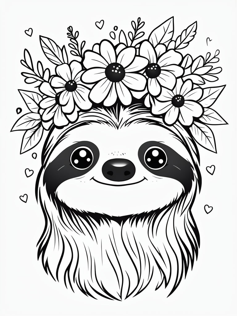 Charming Sloth with Floral Crown and Hearts Coloring Page