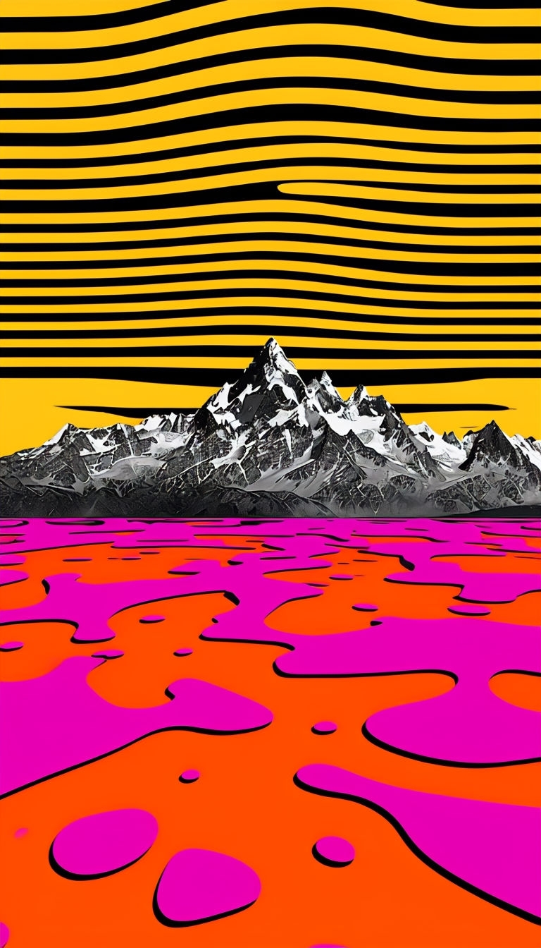 Dynamic Pop Art Illustration with Mountains and Fluid Patterns Mobile Wallpaper