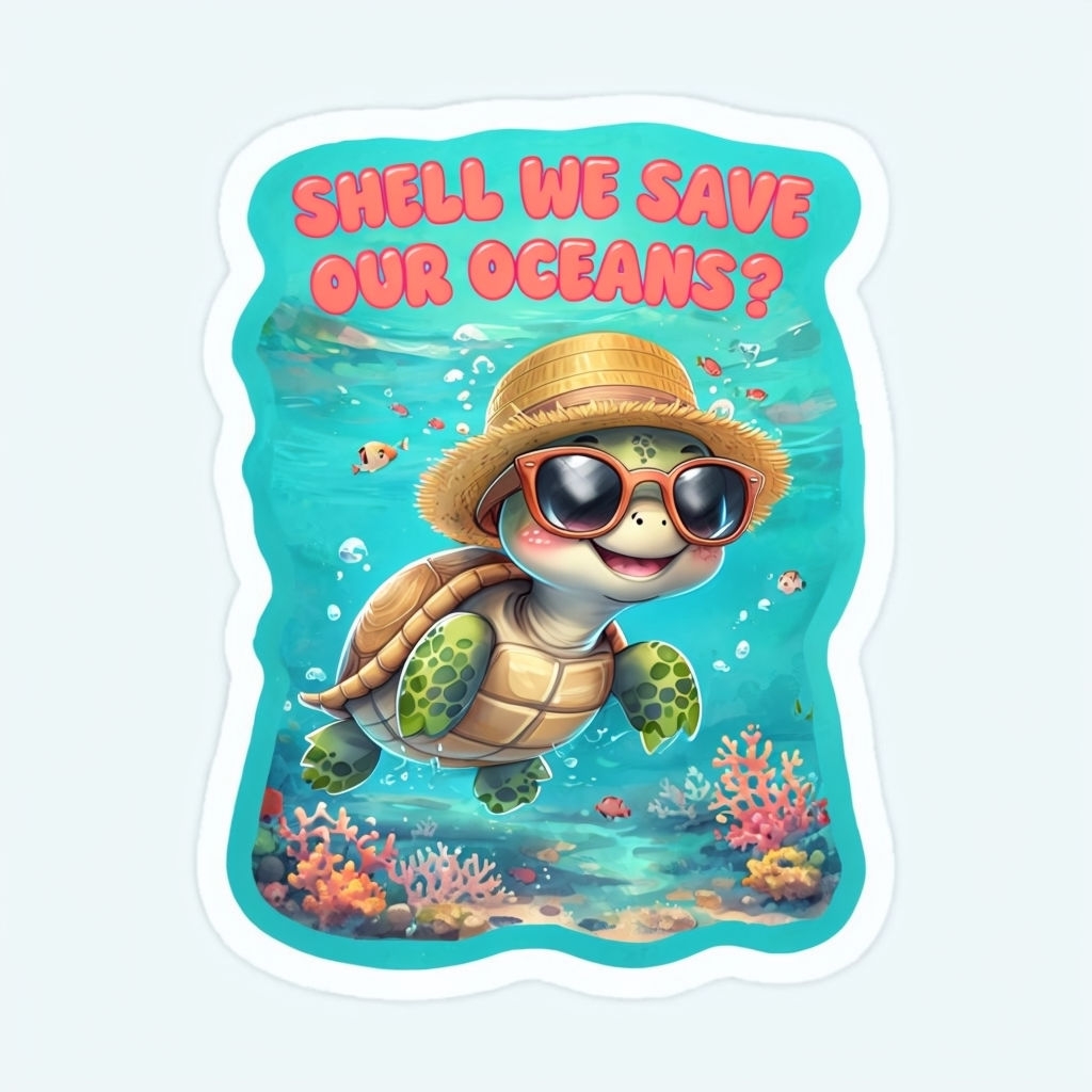 Cute Cartoon Turtle Saving Oceans Sticker