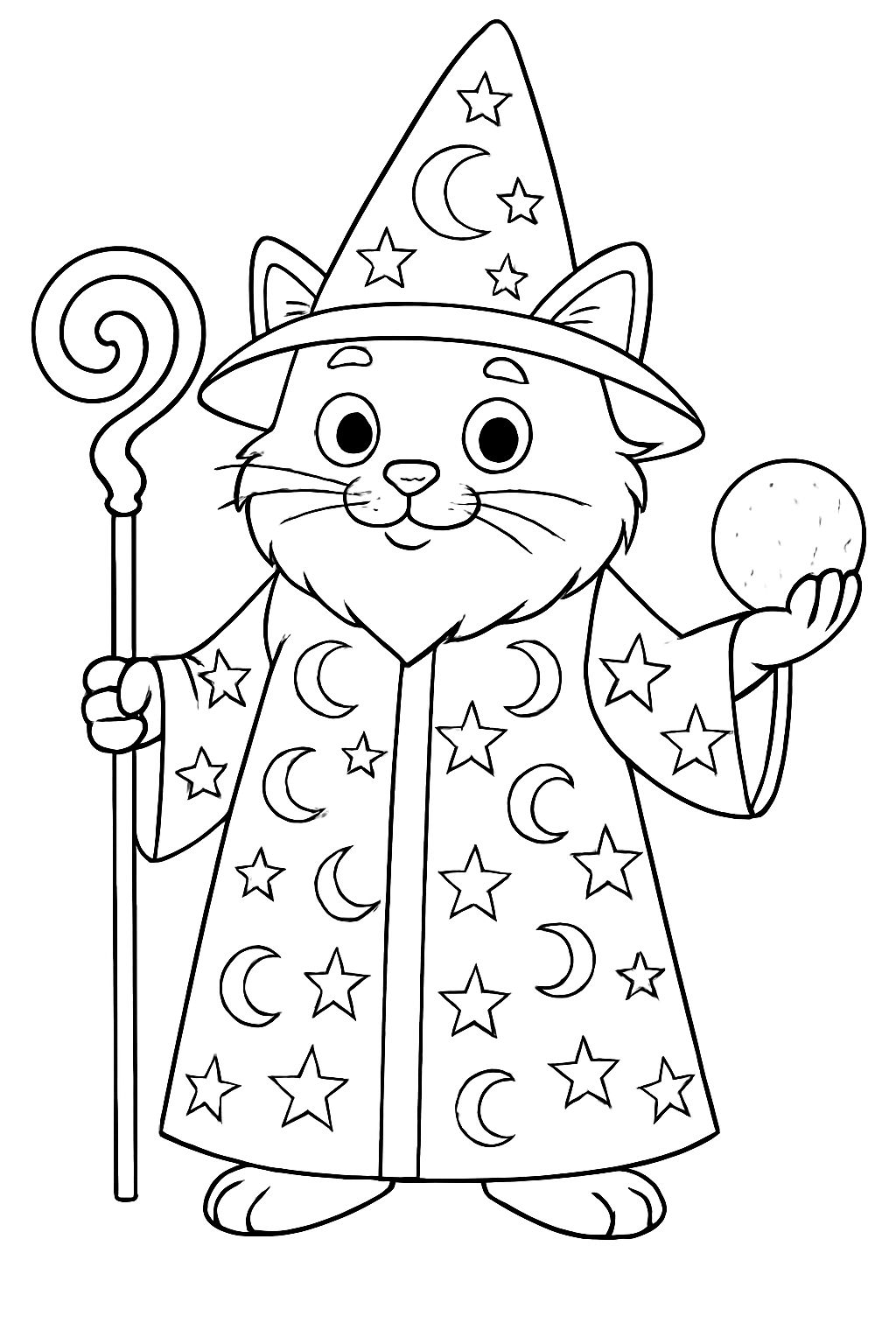 Whimsical Magician Cat Character Line Drawing for Coloring Book Pages