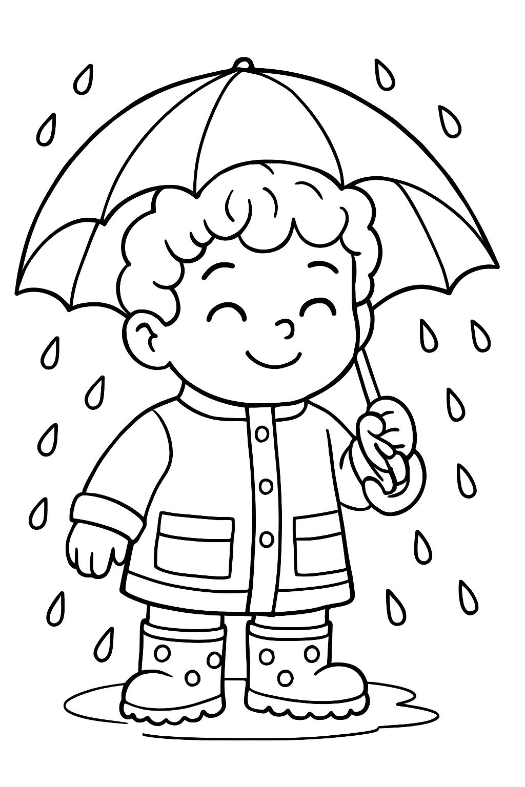 Cheerful Cartoon Boy with Umbrella in the Rain Coloring Book Page