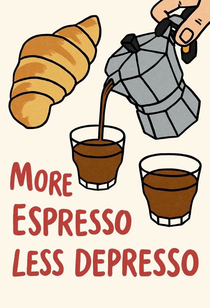More Espresso Less Depresso Fun Coffee Cartoon Poster