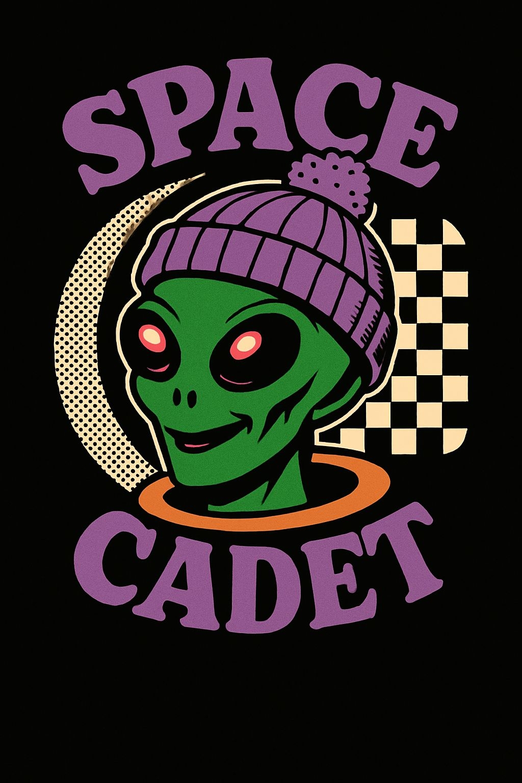 Playful Green Alien Cadet with Beanie Cartoon T-Shirt