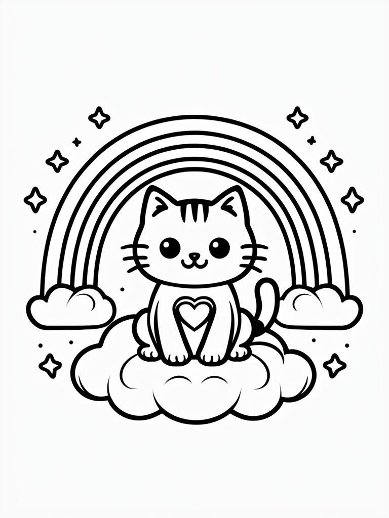 Cute Cat on Fluffy Cloud and Rainbow and Stars coloring page