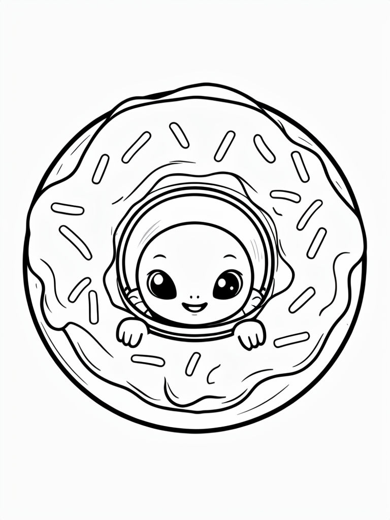 Whimsical Alien Peeking from Donut Coloring Page Design