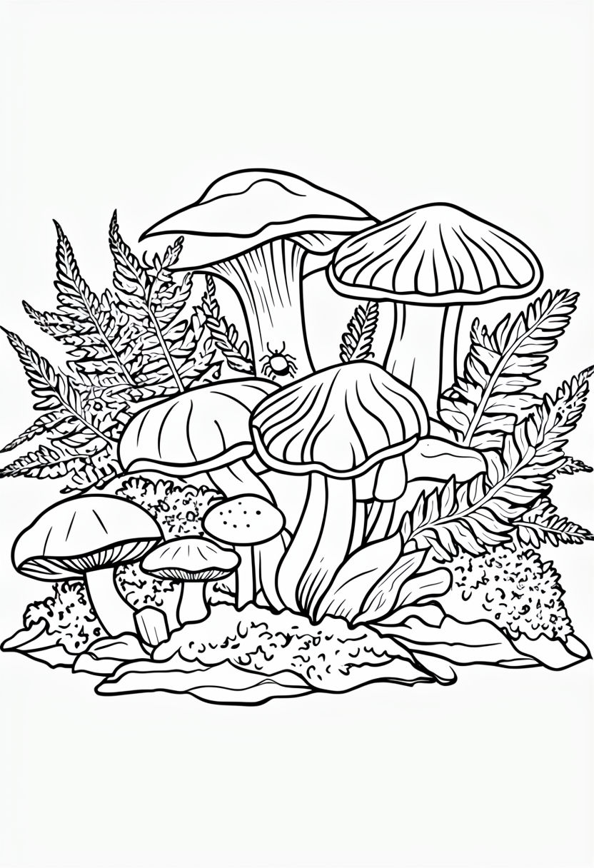 Intricate Forest Floor Mushrooms and Ferns Coloring Page