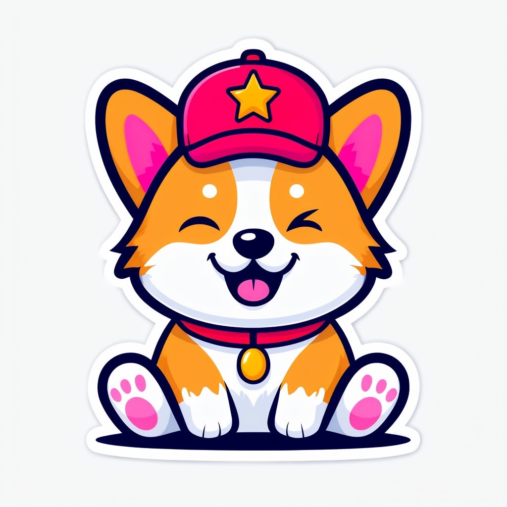 Playful Cartoon Corgi Dog Illustration with Baseball Cap Sticker