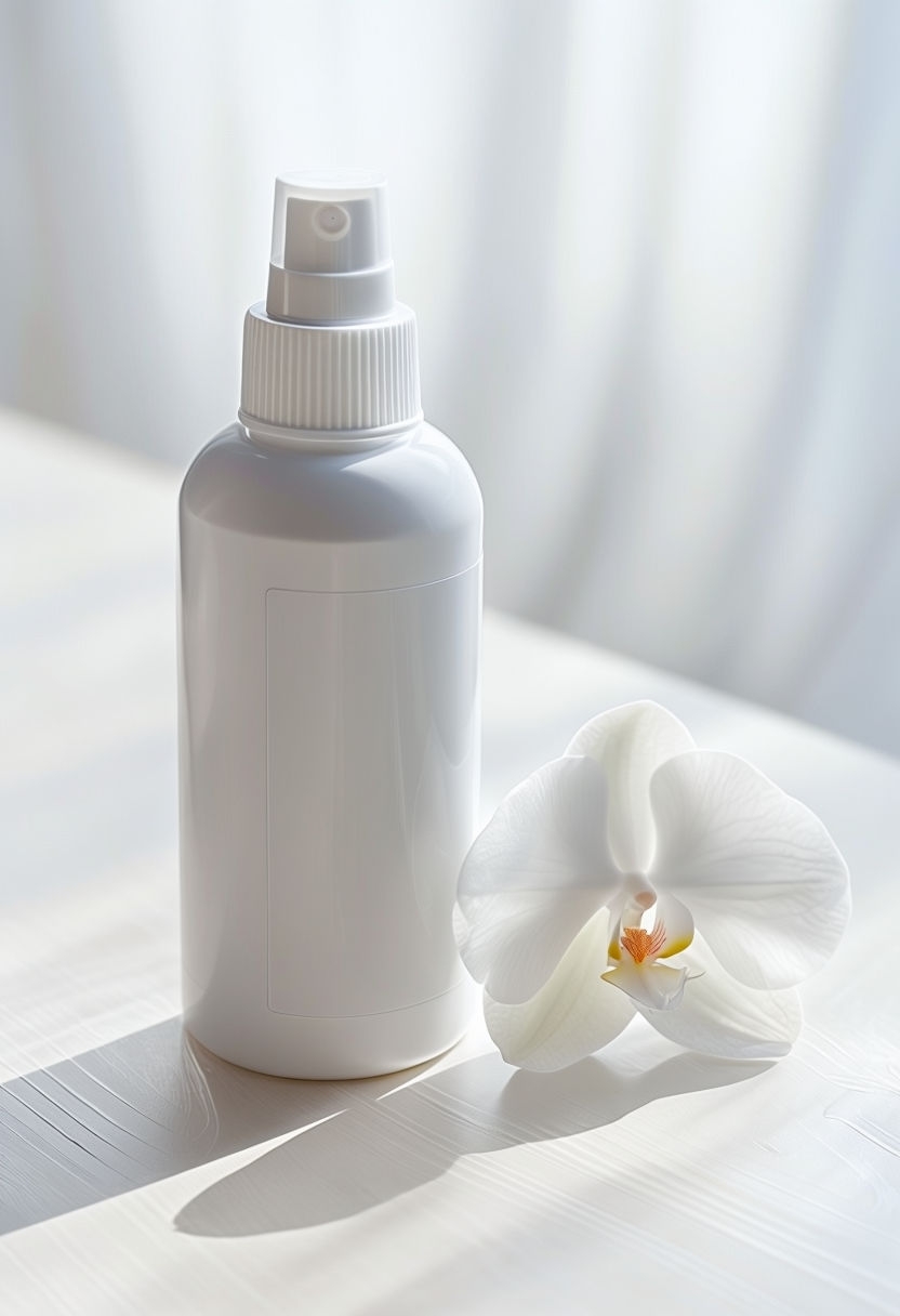 Elegant White Spray Bottle with Orchid on Wooden Surface Mockup