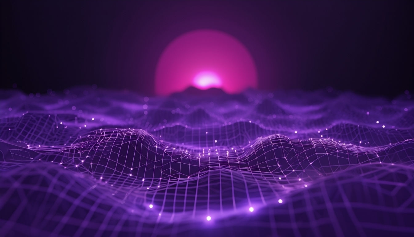 Neon Purple Retro-Futuristic Wireframe Landscape Art Background
