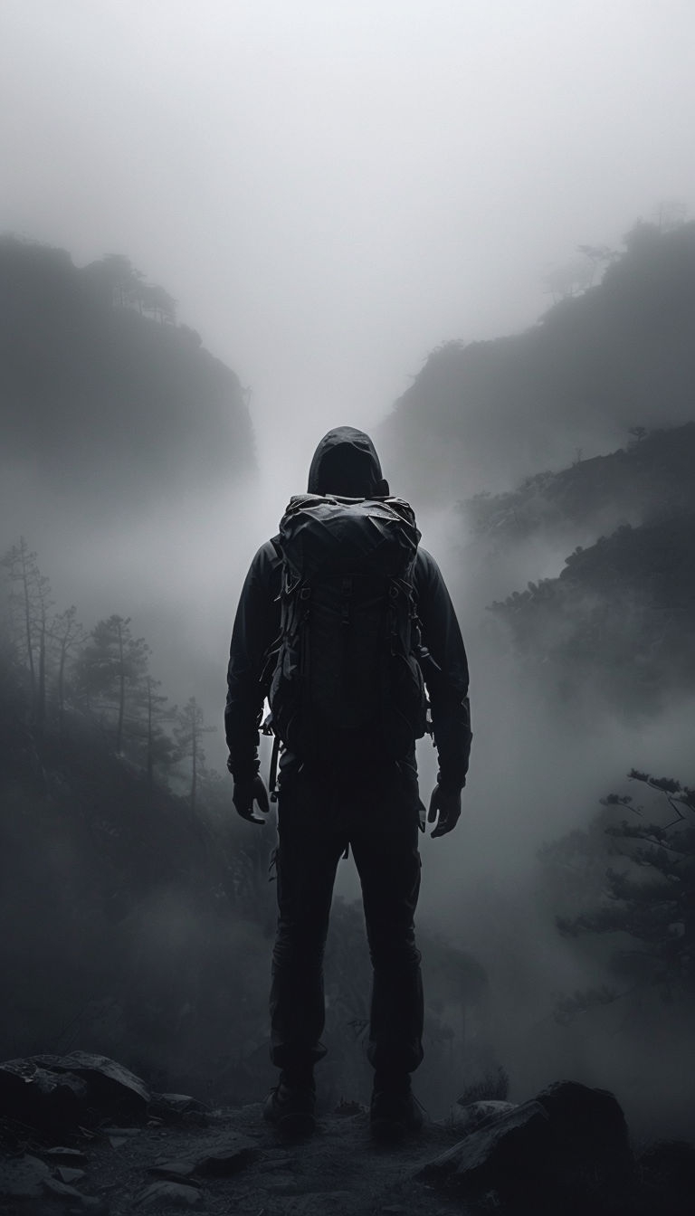 Lonely Backpacker in Foggy Wilderness Photograph for Mobile Wallpaper