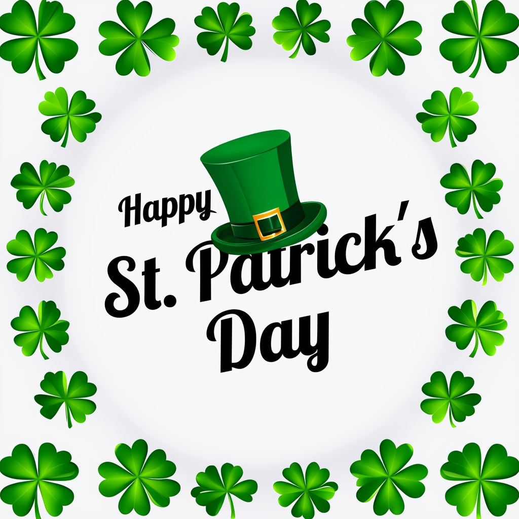 Festive St. Patrick's Day Graphic with Shamrocks and Top Hat Social Media Post