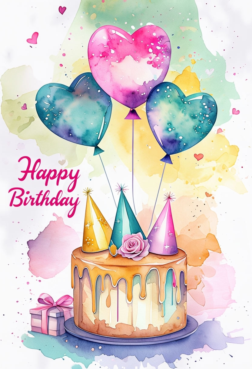 Whimsical Watercolor Birthday Cake Celebration Card Design